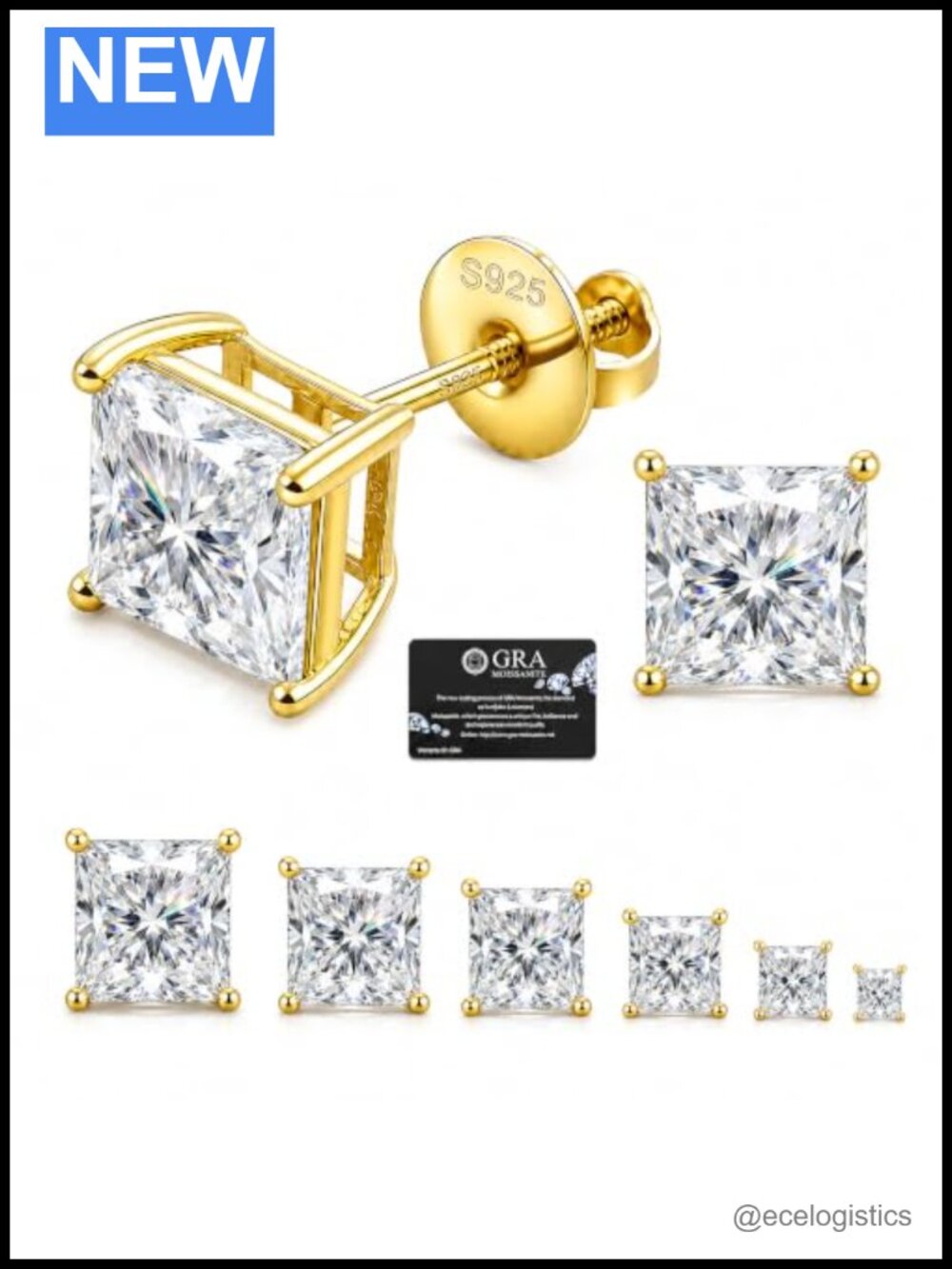 Moissanite Stud Earrings 925 Sterling Silver Princess Cut Screw Back